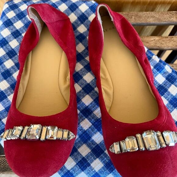 COLE HAAN suede flats, women's size 7 1/ 2, red with beads on front. - Picture 5 of 8
